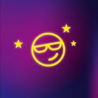 Gelber Smiley mit Sonnenbrille und drei Sternen auf lila-blauem Hintergrund.