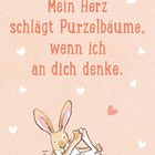 "Mein Herz schlägt Purzelbäume, wenn ich an dich denke." Illustration eines Hasen mit Herzen auf rosa Hintergrund.