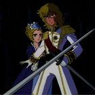 Zwei animierte Figuren in eleganter Kleidung, eine hält ein Schwert. Die Szene wirkt dramatisch und angespannt.