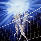 Keine sichtbaren Texte. Drei Volleyballspielerinnen springen nebeneinander in sportlicher Aktion vor einem Netz.