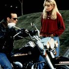 Text: "Harley Davidson" auf einem Motorrad.   
Ein Mann mit Sonnenbrille auf dem Motorrad, eine Frau steht daneben.