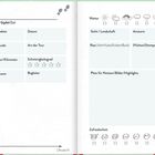 Zwei Buchseiten mit einer Vorlage für Wanderinformationen: Tourdaten, Wetter, Sicht, Rastplätze, Notizenbereich, Zufriedenheit.