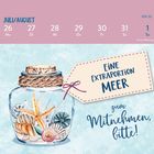 Kalenderblätter 26. Juli bis 1. August, Etikett: "Eine Extraportion Meer", Glas mit Muscheln und Seestern.