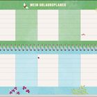 "Mein Urlaubsplaner" in großen Buchstaben; enthält Tabellen für Zeitraum, Urlaubstage, Ziele, Begleiter, Pläne und Budget. Verspielte Illustrationen.