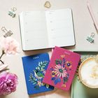 Notizbuch mit Wochenansicht. Zwei Tagebücher mit "2027"-Aufschrift, blumenverziert, eine rosa, eine blau. Kaffeetasse.