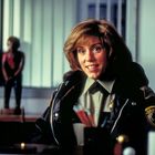 Aufschrift "BRAINERD POLICE DEPT.", Frau in Polizeiuniform lächelt, im Hintergrund Figur.