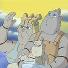 Illustration: Drei figürliche Charaktere aus Stein mit blauem Himmel im Hintergrund, einer hält ein Baby.