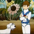 Illustration von einem Jungen im Raumanzug und einem weißen Hund, umgeben von großen bunten Blumen.