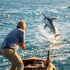 Kein Text vorhanden. Ein Mann in einem Boot, der gegen einen springenden Marlin im Wasser ankämpft.