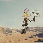 Illustration einer Wüste mit einem Cartoon-Charakter, der ein Schild mit „*&%*@“ hält. Er scheint in der Luft zu schweben.