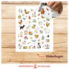 "Stickerbogen" in roter Schrift. Ein Bogen mit bunten Tierstickern, darunter handgezeichnete Hühner, Hunde und Schafe.