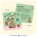 Vorderseite: "Den Duft des Advents einatmen." Rückseite: FERSENSITZ-Anleitung. Illustration: Faultier im Meditationssitz.