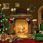 Weihnachtsbaum mit buntem Schmuck, brennender Kamin mit Strümpfen, schlafender Hund und Katze, grüner Sessel mit Decke.