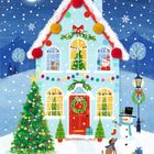 Eine verschneite Illustration zeigt ein festlich geschmücktes Haus mit buntem Lichterketten, Weihnachtsbaum, Schneemann und Hund.