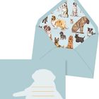 Blaues Kuvert mit verschiedenen illustrierten Hunden innen. Vorderseite zeigt Umriss eines Hundes mit drei Linien.