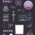 Verschiedene Aufkleber mit Texten wie "booked", "lovely", "read more worry less", "a book a day keeps reality away".