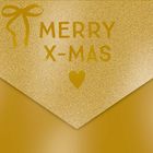 "Merry X-Mas" in goldener Schrift auf glitzerndem Hintergrund, mit Herz und Schleife verziert.