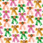 Bunte Schleifen in Rosa, Grün, Orange und Braun, verziert mit Blumenmustern in einem regelmäßigen Muster angeordnet.