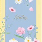 „Notes“ steht in eleganter Schrift auf hellblauem Hintergrund, umgeben von rosa Blüten und Gänseblümchen.