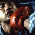 Ein Mann wird von einem roten Boxhandschuh ins Gesicht geschlagen, Blut tropft von seiner Lippe.