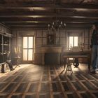 Ein Raum mit Akustik-Gitarre, Klavier, zwei Personen, Holzboden, Kamin, Porträt und Kronleuchter.