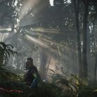 Keine sichtbaren Texte. Ein gepanzerter Krieger in einem dicht bewachsenen Wald, Sonnenstrahlen durchdringen das Blätterdach.