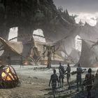 Eine Gruppe von humanoiden Wesen nähert sich Zelten in einer felsigen, fantastischen Umgebung mit leuchtenden Flammen.