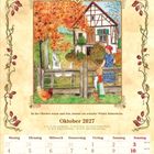Oktober, Spruch über Wetter im Oktober, Monatsübersicht, Illustration mit Herbstszene, Fachwerkhaus, Menschen, Gänse.