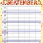 Kalender für September, verzierter Schriftzug mit Fuchs und Hase. Enthält Wochentage und Veranstaltungen.