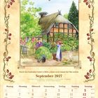 September 2027, Kalenderseite mit Herbstszene: Zwei Menschen vor einem Fachwerkhaus, umgeben von Pflanzen und Gänsen.
