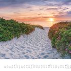 Strand in Wustrow, Deutschland. Sandweg durch grüne Dünen mit rosa Blumen zum Meer bei Sonnenuntergang. Septemberkalender.