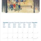 September in mehreren Sprachen, Wochentage und Daten. Japanische Illustration: Menschen auf einer Brücke bei Abenddämmerung.