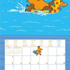 Kalenderblatt für Juli 2027. Oben die Maus auf einem Schwimmtier. Unten hält der Elefant ein Bild mit der Zahl "8".