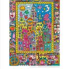 „James Rizzi, 2010“ steht unten rechts. Bunte, verspielte Illustration mit Gesichtern, Gebäuden und surrealen Elementen.