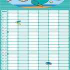 Kalender für September, Wochentage aufgelistet. Illustration: Drei cartoonartige Tiere arbeiten an einem Tisch voller Schulmaterial.