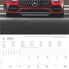 9 · 2027. Kalender mit Wochen. Roter Sportwagen von vorne, Mercedes-Logo.