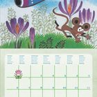 Kalendertage der Woche: Montag bis Sonntag in mehreren Sprachen. Illustration: Ein Maulwurf fliegt ein blaues Flugzeug.