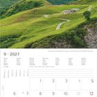 Kalender für September 2027 mit Wochenansicht. Oberhalb eine Berghütte in grüner Hügellandschaft unter bewölktem Himmel.