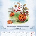 "Oktober 2027", Kalender, Illustration: Kürbis, Beerenzweig, Kürbisgesicht, herbstliche Stimmung, Bäume, Vögel.