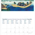 September-Kalender, Wochentage in mehreren Sprachen. Illustration: Menschen in einem Boot auf einem breiten Fluss mit Brücke.