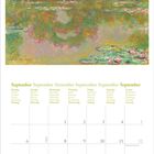 Kalenderseite September: Wochentage in mehreren Sprachen. Illustration: Impressionistischer Garten mit Brücke und Seerosen.