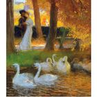Gaston de La Touche, "Lovers and Swans, The Autumn Walk", 1906. Schwäne im Wasser, Paar im Park, Herbstfarben.