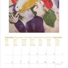 Illustration eines Mannes mit roter Mütze lachend, schwebend vor einem Haus und einem gezäumten Pferd. Kalender für September.