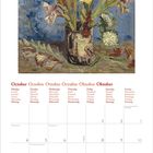 Oktoberkalender mit Blumengemälde in einer Vase, darunter Wochentage in sechs Sprachen.