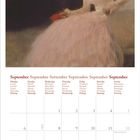 Kalender zeigt September in mehreren Sprachen, mit Wochen- und Feiertagen. Oberhalb ein Gemälde einer Frau in rosa Kleid.