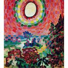 Robert Delaunay (1885 – 1941), Landscape and Disc, 1906. Kalendarium unten. Bunte, geometrische Formen um eine zentrale Scheibe.