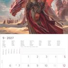 Kalenderblatt September 2027. Illustration: Frau in Rüstung mit Drachen, Wüstenszene, Drachen fliegen im Hintergrund.