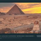 Monatsname: Oktober; Zitat der Sphinx in Ägypten bei Sonnenuntergang mit Pyramiden im Hintergrund.