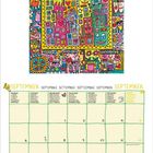 SEPTEMBER, Montag bis Sonntag in mehreren Sprachen. Bunte Illustration mit Gesichtern, Gebäuden und einem gelben Auto.