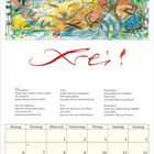 "Frei!" in roter Schrift, gefolgt von einem Gedicht. Unten ein Kalender für September mit hervorgehobenen Daten. Oben ein abstraktes Gemälde.